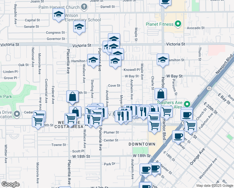 map of restaurants, bars, coffee shops, grocery stores, and more near 648 Ross Street in Costa Mesa