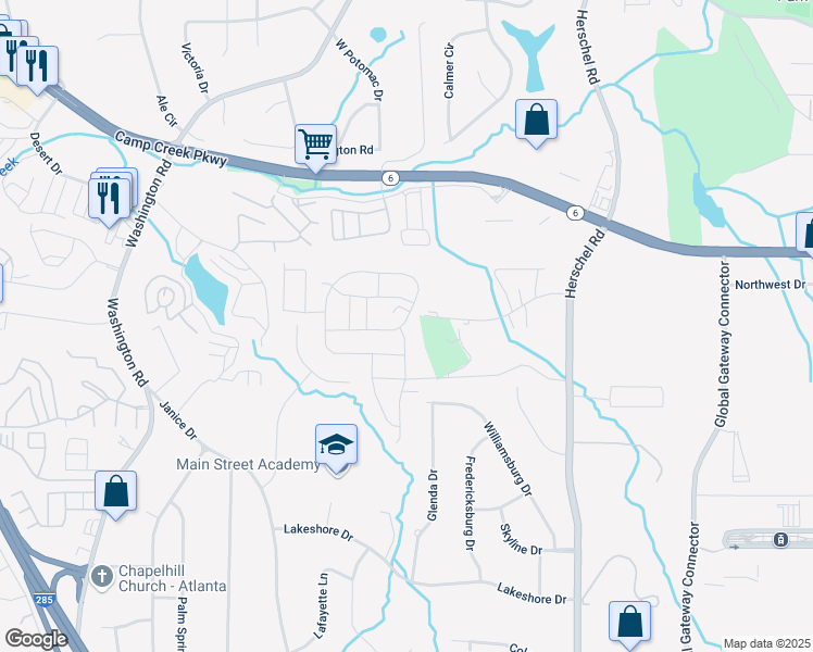 map of restaurants, bars, coffee shops, grocery stores, and more near 2764 Aralynn Way in College Park