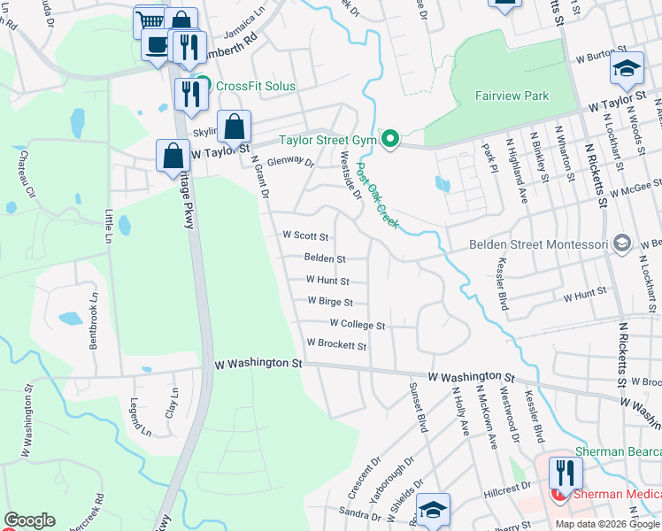 map of restaurants, bars, coffee shops, grocery stores, and more near 1210 Blanton Place in Sherman