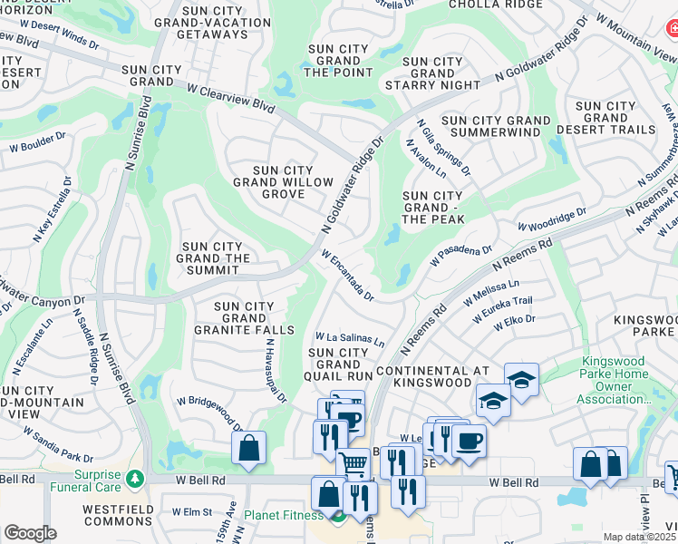 map of restaurants, bars, coffee shops, grocery stores, and more near 15559 West Encantada Drive in Surprise