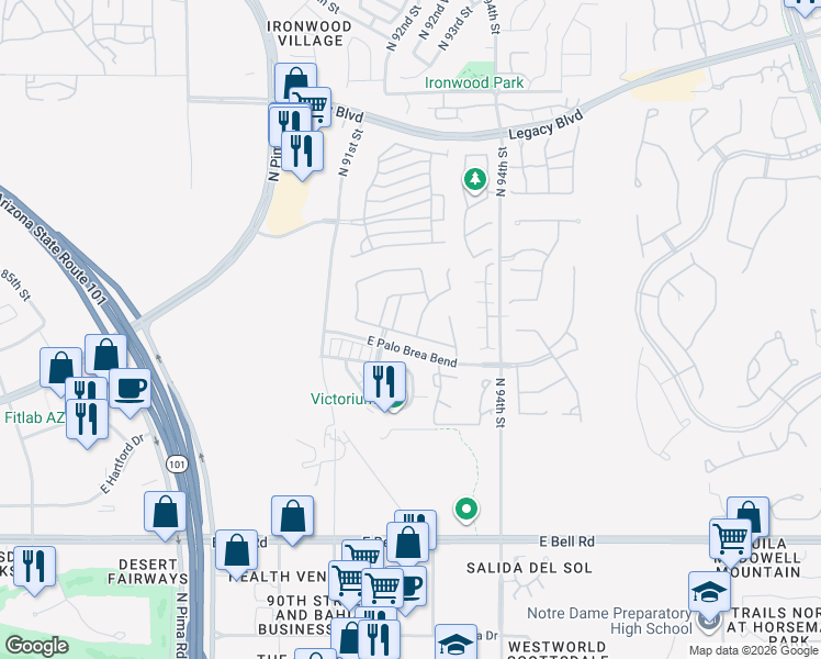 map of restaurants, bars, coffee shops, grocery stores, and more near 9273 East Desert Arroyos in Scottsdale