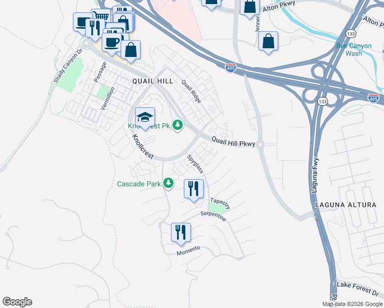 map of restaurants, bars, coffee shops, grocery stores, and more near 215 Tall Oak in Irvine