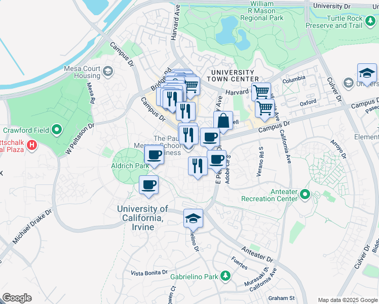 map of restaurants, bars, coffee shops, grocery stores, and more near 4290 Pereira Drive in Irvine