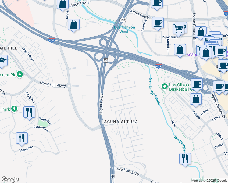 map of restaurants, bars, coffee shops, grocery stores, and more near 62 Bianco Drive in Irvine