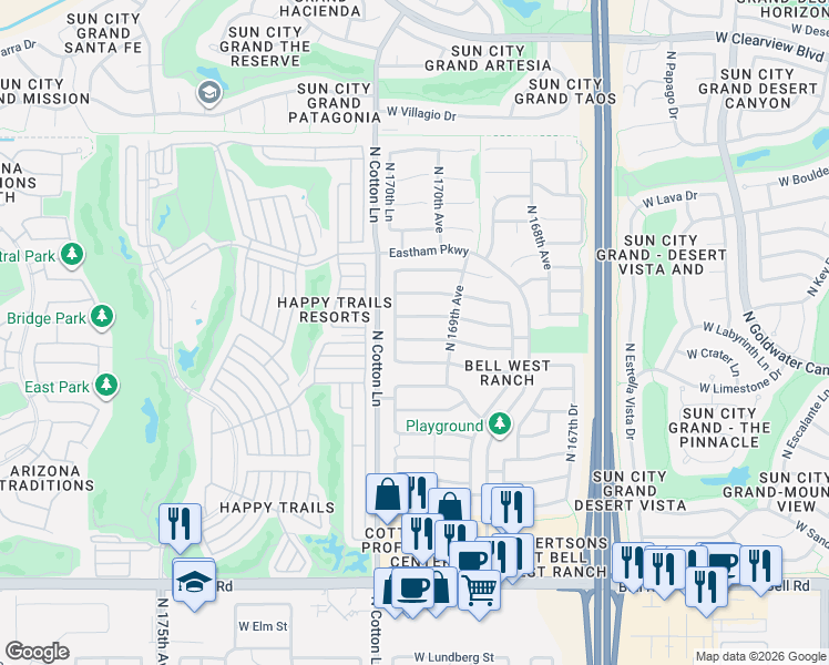 map of restaurants, bars, coffee shops, grocery stores, and more near 16963 West Tonbridge Street in Surprise