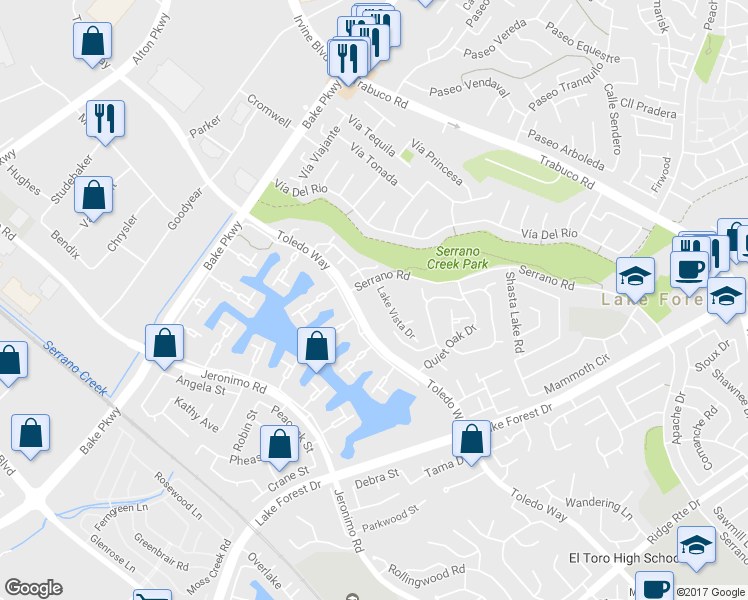 map of restaurants, bars, coffee shops, grocery stores, and more near 21729 Lake Vista Drive in Lake Forest