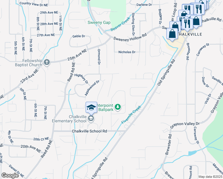 map of restaurants, bars, coffee shops, grocery stores, and more near 2315 Spencer Lane in Center Point