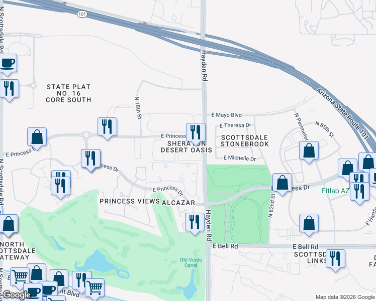 map of restaurants, bars, coffee shops, grocery stores, and more near 17700 North Hayden Road in Scottsdale
