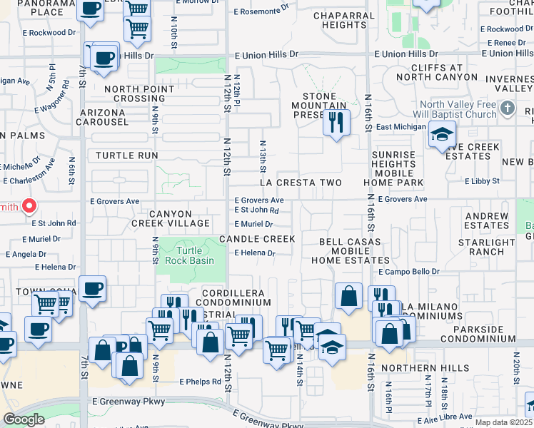 map of restaurants, bars, coffee shops, grocery stores, and more near 1314 East Muriel Drive in Phoenix