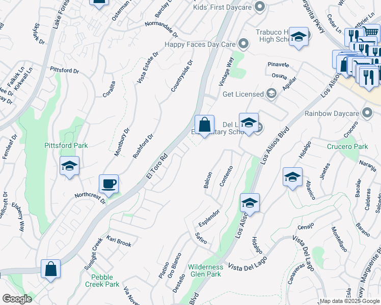 map of restaurants, bars, coffee shops, grocery stores, and more near 21812 Raintree Lane in Lake Forest