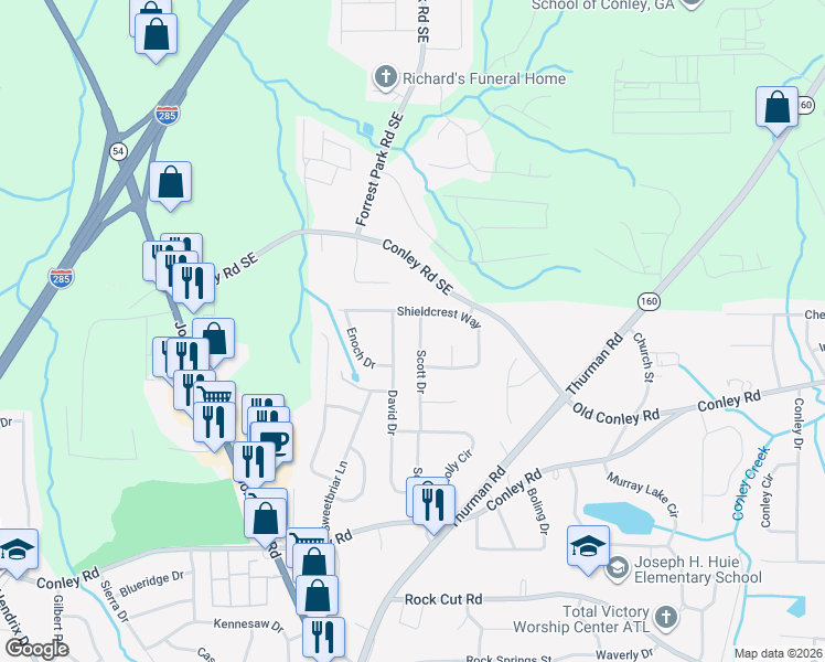 map of restaurants, bars, coffee shops, grocery stores, and more near 3954 Scott Drive in Forest Park