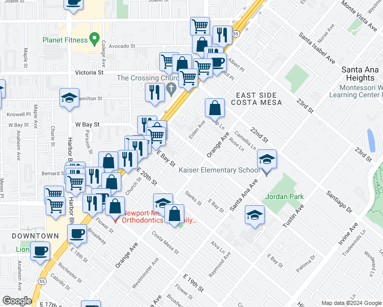 map of restaurants, bars, coffee shops, grocery stores, and more near 169 East 21st Street in Costa Mesa
