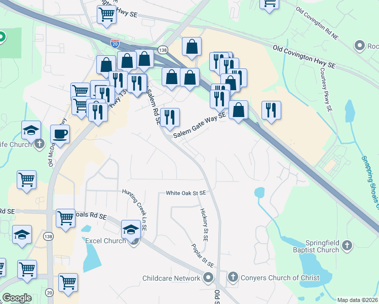 map of restaurants, bars, coffee shops, grocery stores, and more near 1625 Old Salem Road Southeast in Conyers