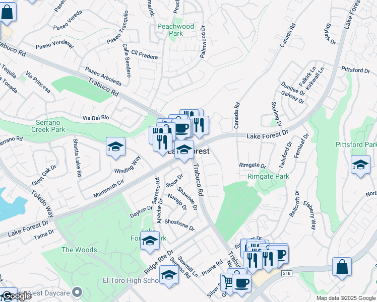 map of restaurants, bars, coffee shops, grocery stores, and more near 22201 Center Pointe in Lake Forest