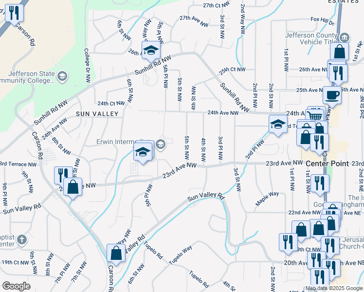 map of restaurants, bars, coffee shops, grocery stores, and more near 2316 5th Street Northwest in Center Point