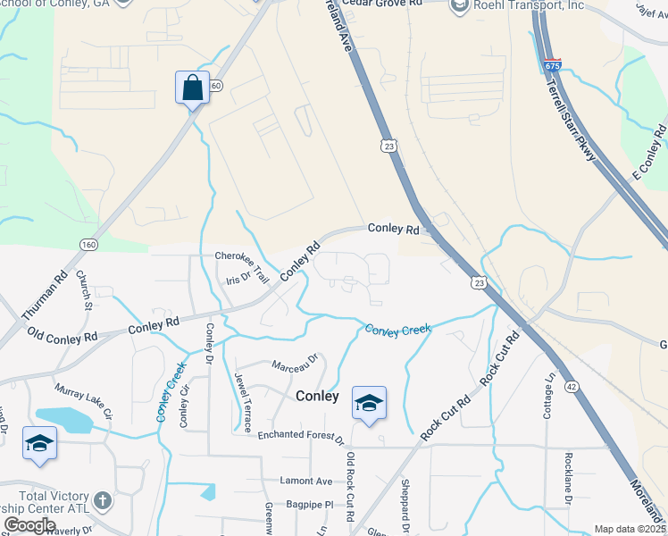 map of restaurants, bars, coffee shops, grocery stores, and more near 1625 Conley Road in Conley
