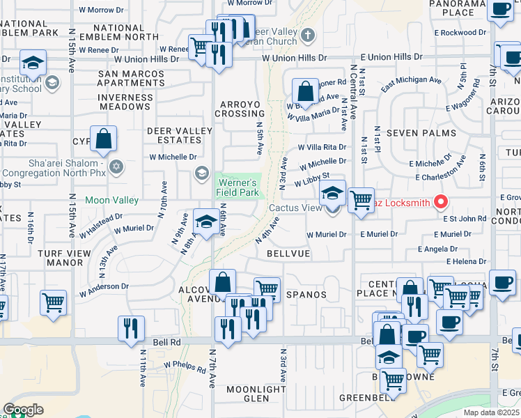 map of restaurants, bars, coffee shops, grocery stores, and more near 17627 North 5th Avenue in Phoenix