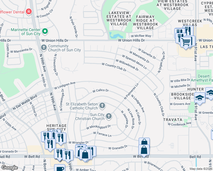 map of restaurants, bars, coffee shops, grocery stores, and more near 9622 West Calico Drive in Sun City