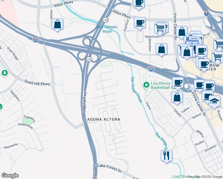 map of restaurants, bars, coffee shops, grocery stores, and more near 84 Bianco in Irvine