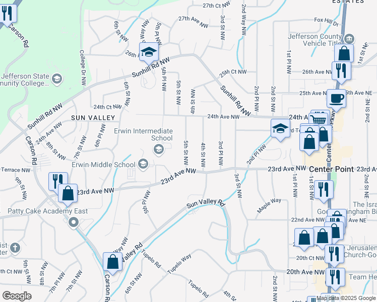 map of restaurants, bars, coffee shops, grocery stores, and more near 2325 5th Street Northwest in Center Point