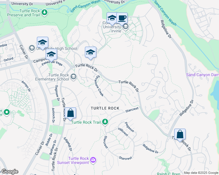 map of restaurants, bars, coffee shops, grocery stores, and more near 12 Creekside in Irvine