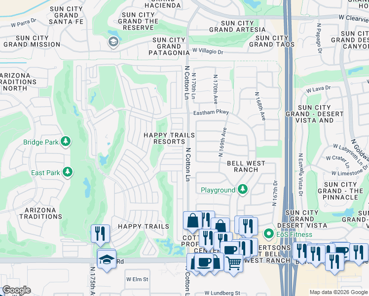 map of restaurants, bars, coffee shops, grocery stores, and more near 17850 North 170th Lane in Surprise
