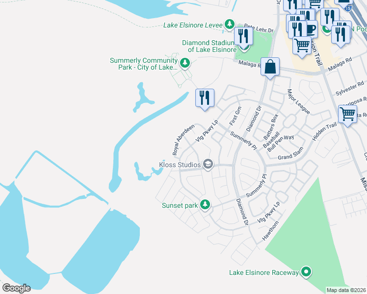 map of restaurants, bars, coffee shops, grocery stores, and more near 29222 Royal Aberdeen in Lake Elsinore