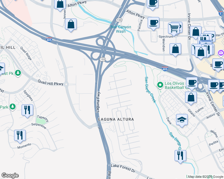 map of restaurants, bars, coffee shops, grocery stores, and more near 83 Bianco in Irvine