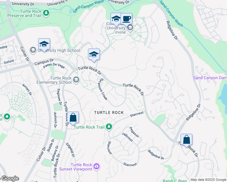 map of restaurants, bars, coffee shops, grocery stores, and more near 12 Creekside in Irvine