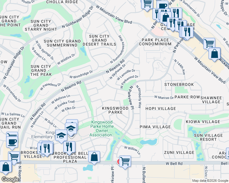 map of restaurants, bars, coffee shops, grocery stores, and more near 17814 North Juneberry Drive in Surprise