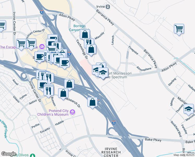 map of restaurants, bars, coffee shops, grocery stores, and more near 1 Technology Drive in Irvine
