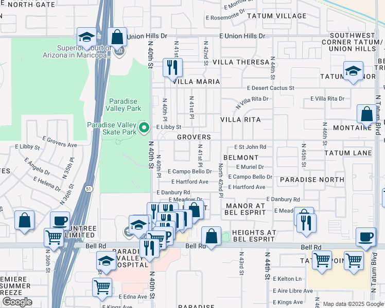 map of restaurants, bars, coffee shops, grocery stores, and more near 17617 North 41st Street in Phoenix