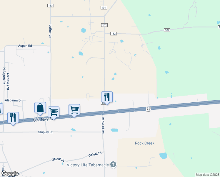 map of restaurants, bars, coffee shops, grocery stores, and more near 192 County Road 131 in Gainesville