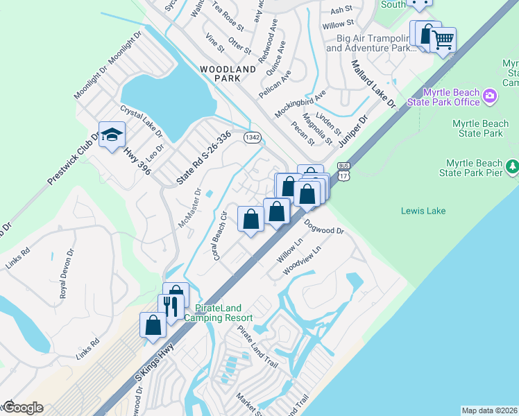map of restaurants, bars, coffee shops, grocery stores, and more near 234 Coral Beach Circle in Surfside Beach