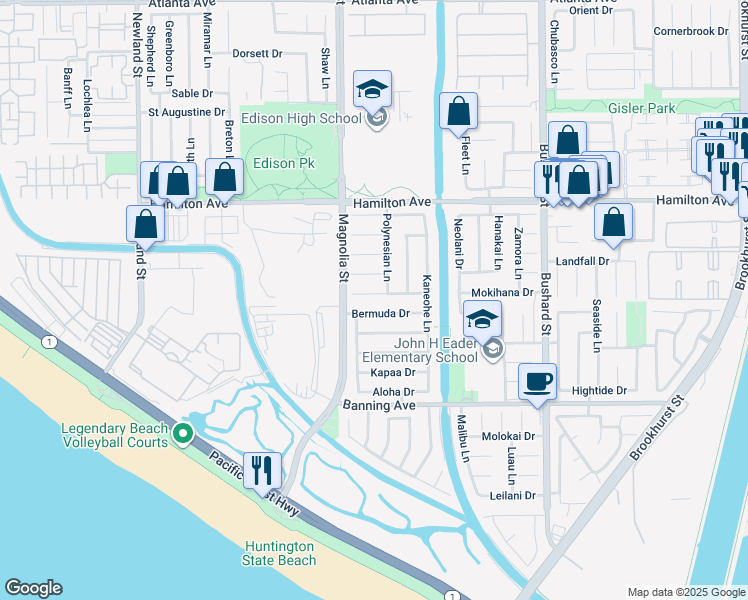 map of restaurants, bars, coffee shops, grocery stores, and more near 9072 Rhodesia Drive in Huntington Beach