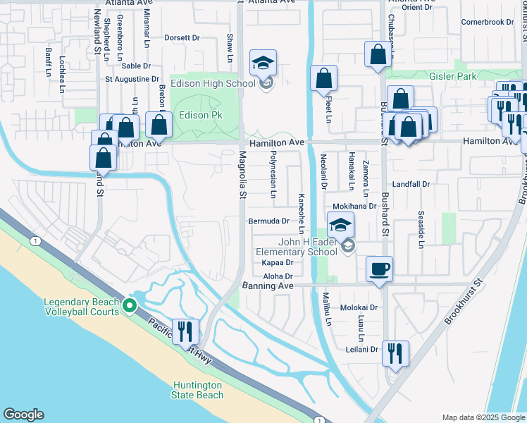 map of restaurants, bars, coffee shops, grocery stores, and more near 9072 Rhodesia Drive in Huntington Beach