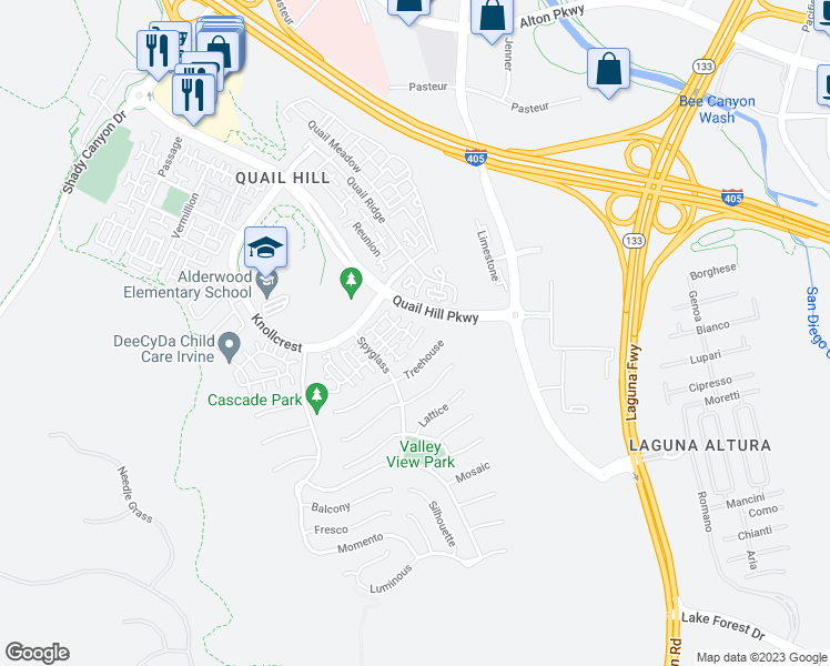 map of restaurants, bars, coffee shops, grocery stores, and more near 345 Tall Oak in Irvine
