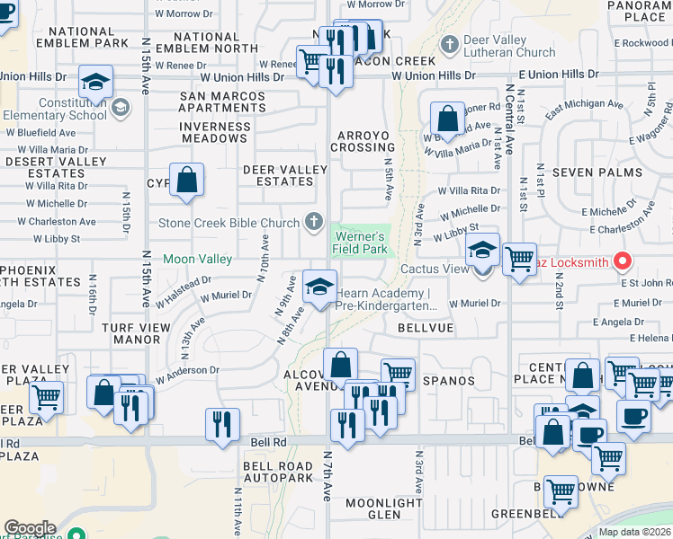 map of restaurants, bars, coffee shops, grocery stores, and more near 603 West Angela Drive in Phoenix