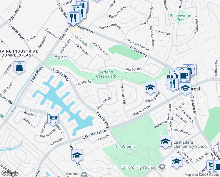 map of restaurants, bars, coffee shops, grocery stores, and more near 24841 Bent Tree Lane in Lake Forest