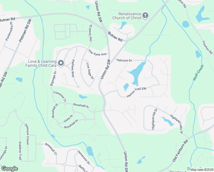 map of restaurants, bars, coffee shops, grocery stores, and more near 5399 Herron Drive Southwest in Atlanta
