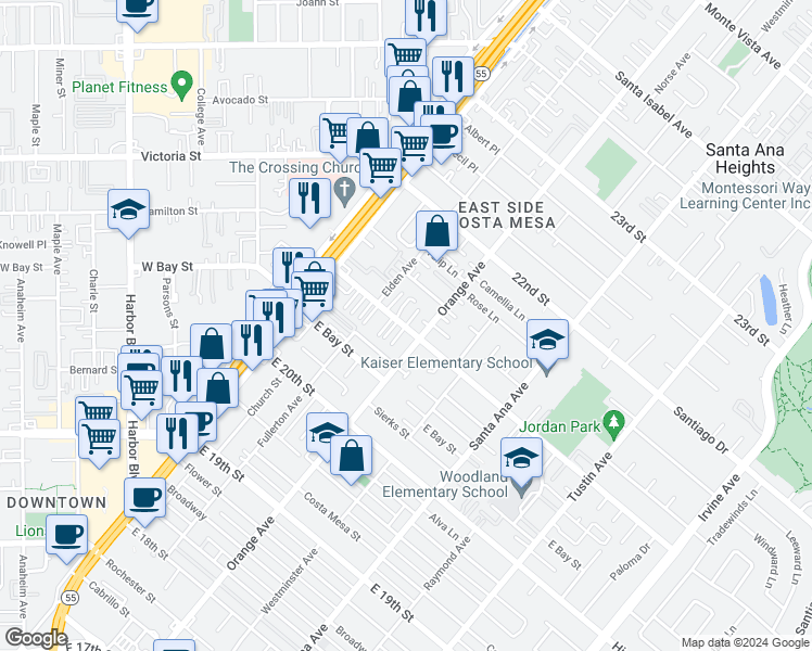 map of restaurants, bars, coffee shops, grocery stores, and more near 184 East 21st Street in Costa Mesa