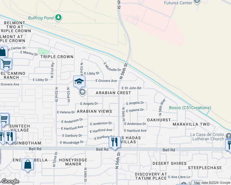map of restaurants, bars, coffee shops, grocery stores, and more near 17620 North 56th Place in Scottsdale