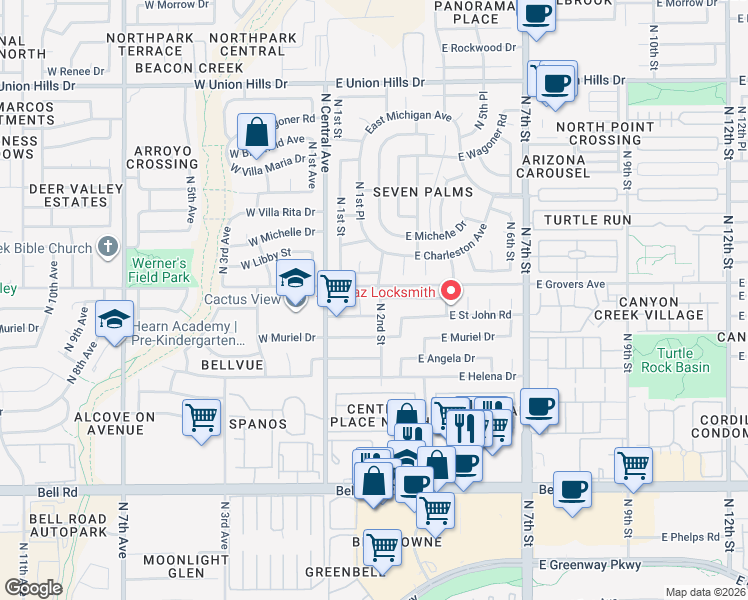 map of restaurants, bars, coffee shops, grocery stores, and more near 17627 North 1st Place in Phoenix