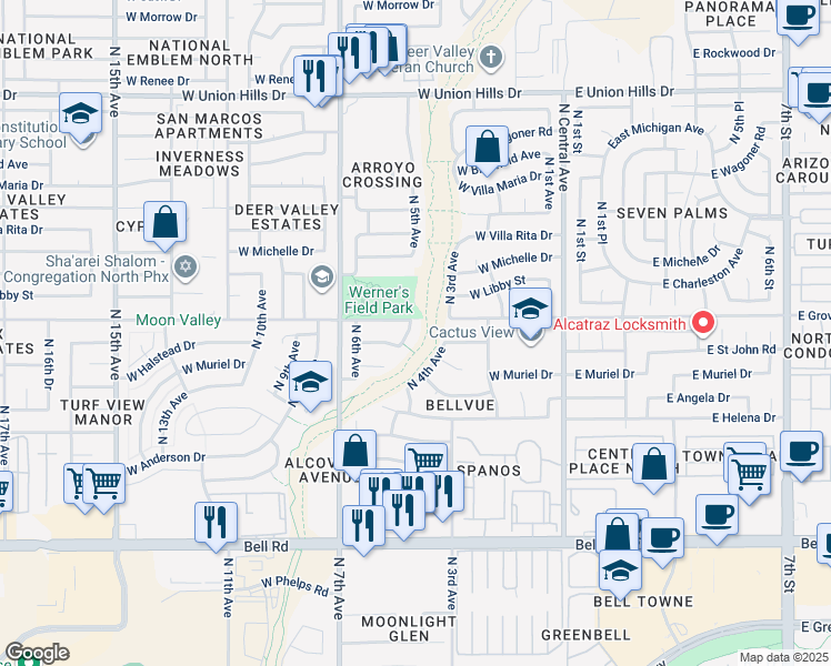map of restaurants, bars, coffee shops, grocery stores, and more near 17627 North 5th Avenue in Phoenix