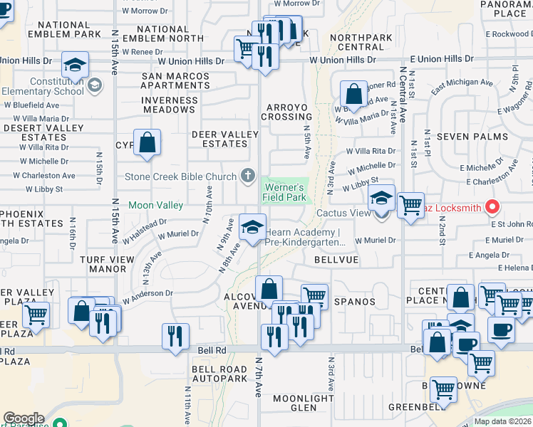 map of restaurants, bars, coffee shops, grocery stores, and more near 603 West Angela Drive in Phoenix