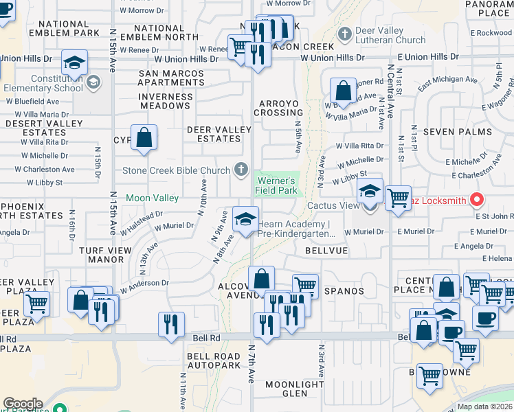 map of restaurants, bars, coffee shops, grocery stores, and more near 603 West Angela Drive in Phoenix