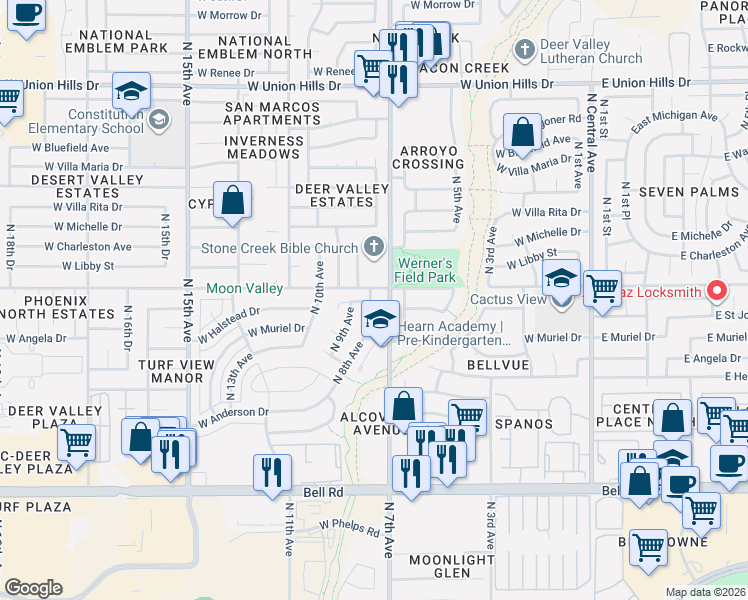 map of restaurants, bars, coffee shops, grocery stores, and more near 603 West Angela Drive in Phoenix