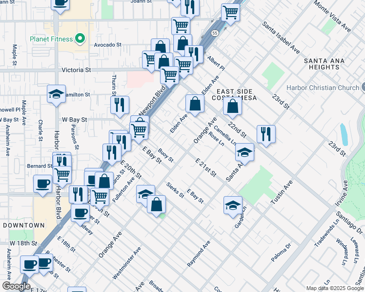 map of restaurants, bars, coffee shops, grocery stores, and more near 202 East 21st Street in Costa Mesa