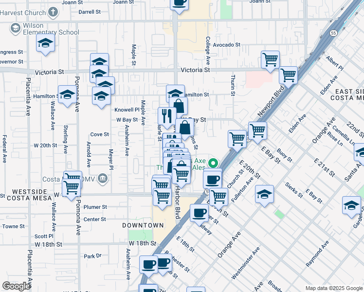 map of restaurants, bars, coffee shops, grocery stores, and more near 1960 Harbor Boulevard in Costa Mesa