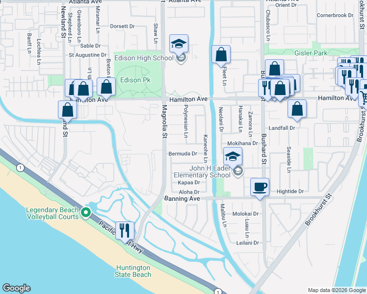 map of restaurants, bars, coffee shops, grocery stores, and more near 9112 Bermuda Drive in Huntington Beach